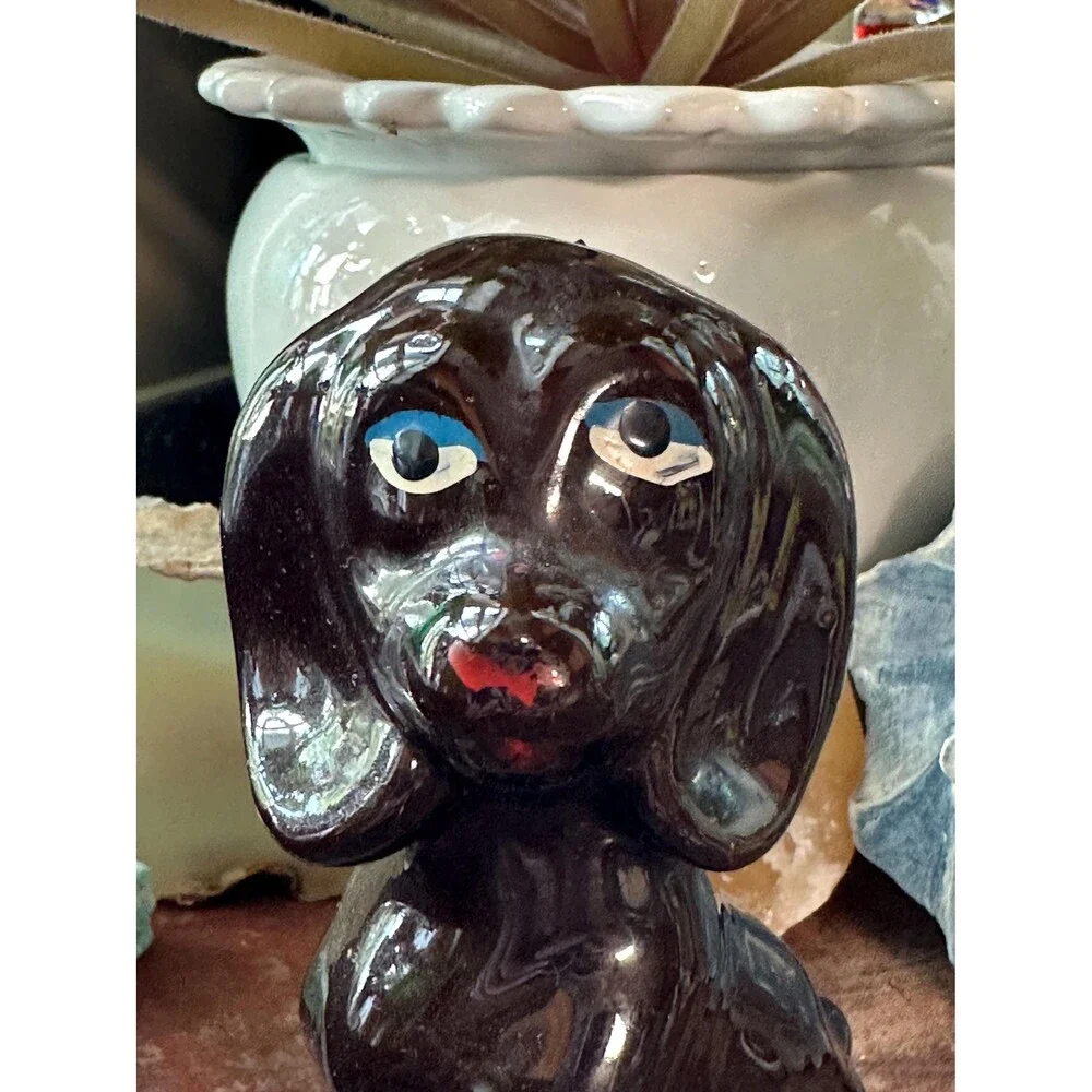 Vintage Brown Glazed Hound Dog Figurine Hand Painted Redware Pottery Folk Art Pu